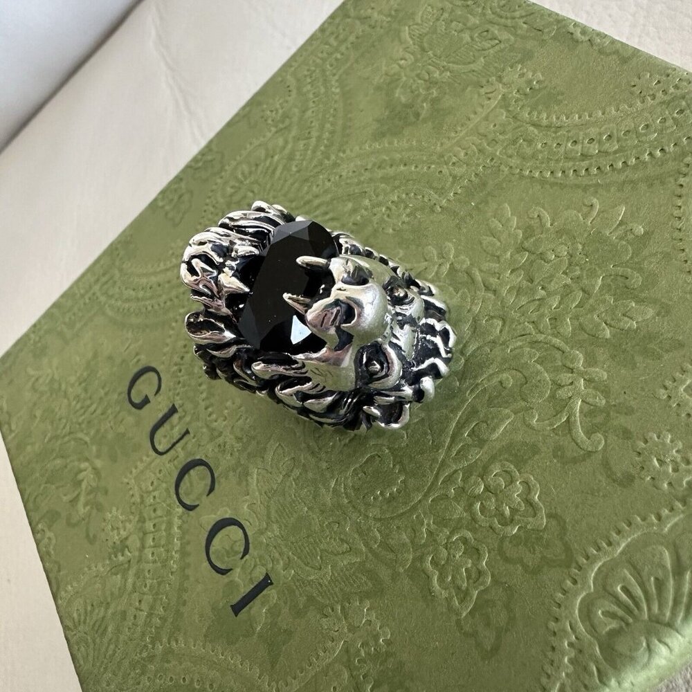 NEW Authentic Gucci Lion Head Crystal Ring In Silver & Black Sz 16 IT 7.5 US - Picture 5 of 11